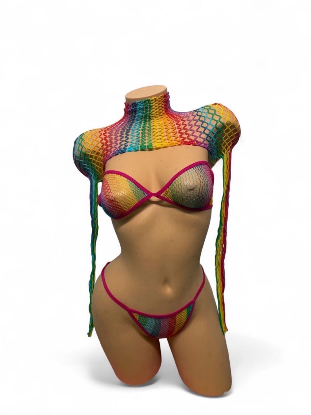 Rainbow Fishnet Bikini Set with Long Sleeve Crop Top - Women Swim one size